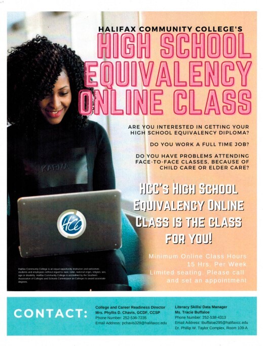 High School Equivalency Online Classes Flyer. All information on flyer is listed above.