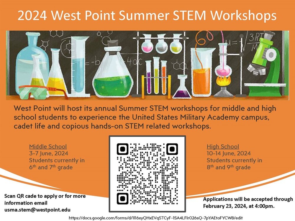 2024 West Point Summer STEM Workshop Flyer. All information on this flyer is listed above.