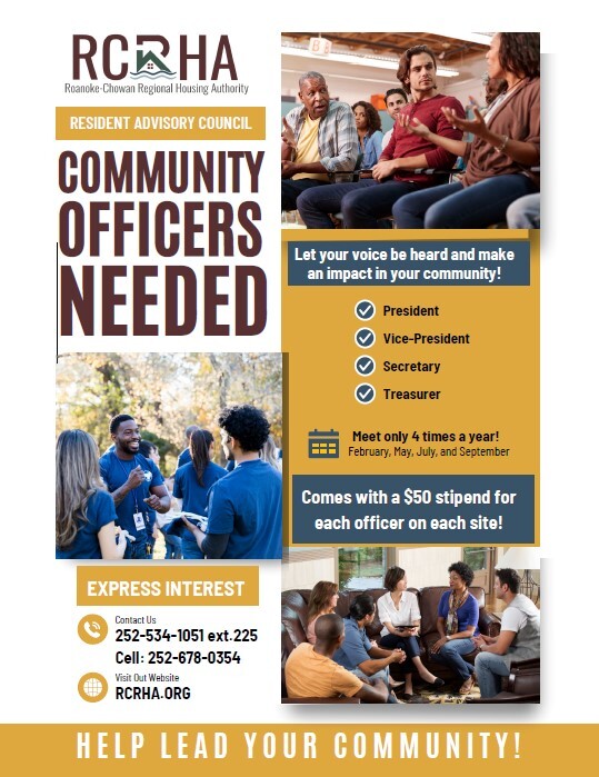 Resident Advisory Council Officers Needed Flyer. All information on this flyer is listed above.