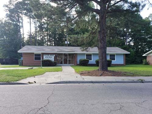 The street view of a house with a large tree in the front yard.