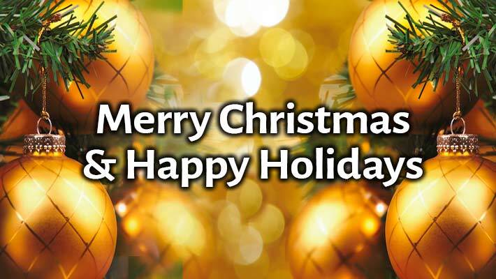 Merry Christmas and Happy Holiday banner with gold ornaments in the background