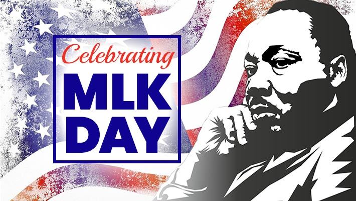 Martin Luther King Jr. clip art with Celebrating MLK Day banner