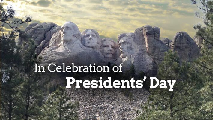 In Celebration of Presidents' Day banner on Mount Rushmore background