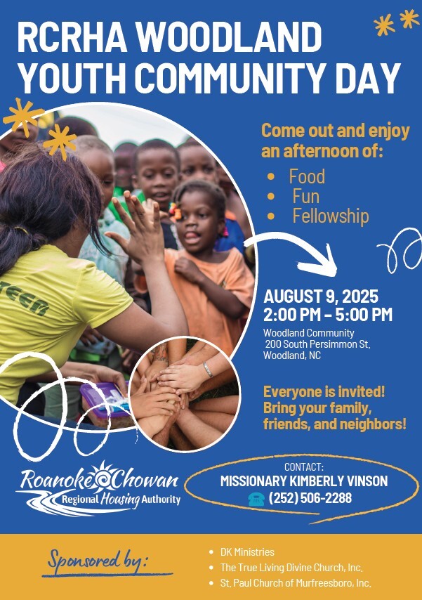 RCRHA Woodland Youth Community Day flyer. All information as listed below.