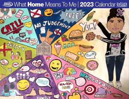 2023 What Home Means to Me Poster Contest Calendar Winner. The poster features a cartoon drawing of a girl surrounded by cartoons.
