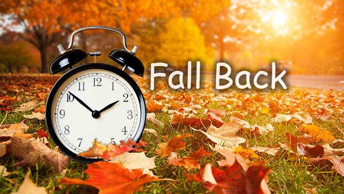 An alarm clock surrounded by leaves with the text, Fall Back.